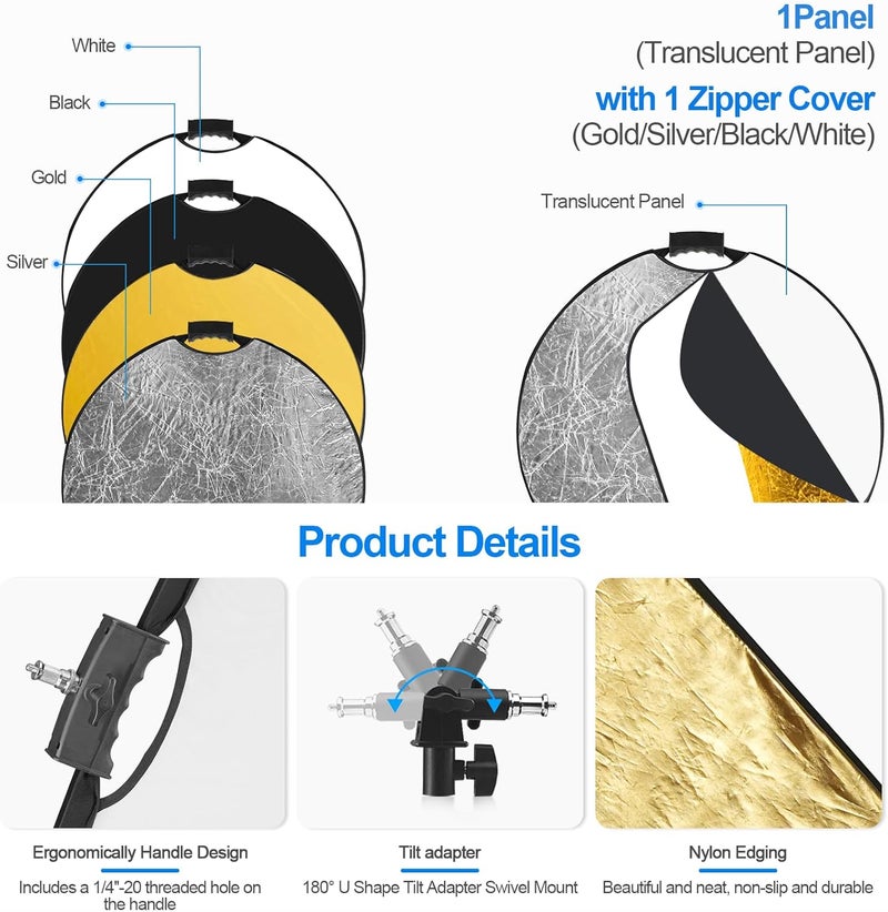 Wellmaking 43Inch/110cm Photography Light Reflector, Portable Foldable 5 in 1 Diffuser Reflectors with Bag & tilt Adapter for Studio & Outdoor Lighting-Translucent, Silver, Gold, White and Black - Image 4